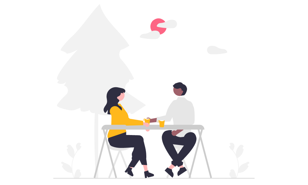 An illustration of two colleagues enjoying a coffee and chat