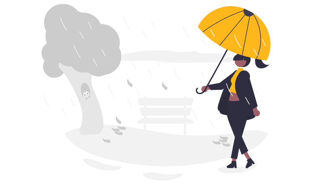 An illustration of a woman walking on a rainy stormy day